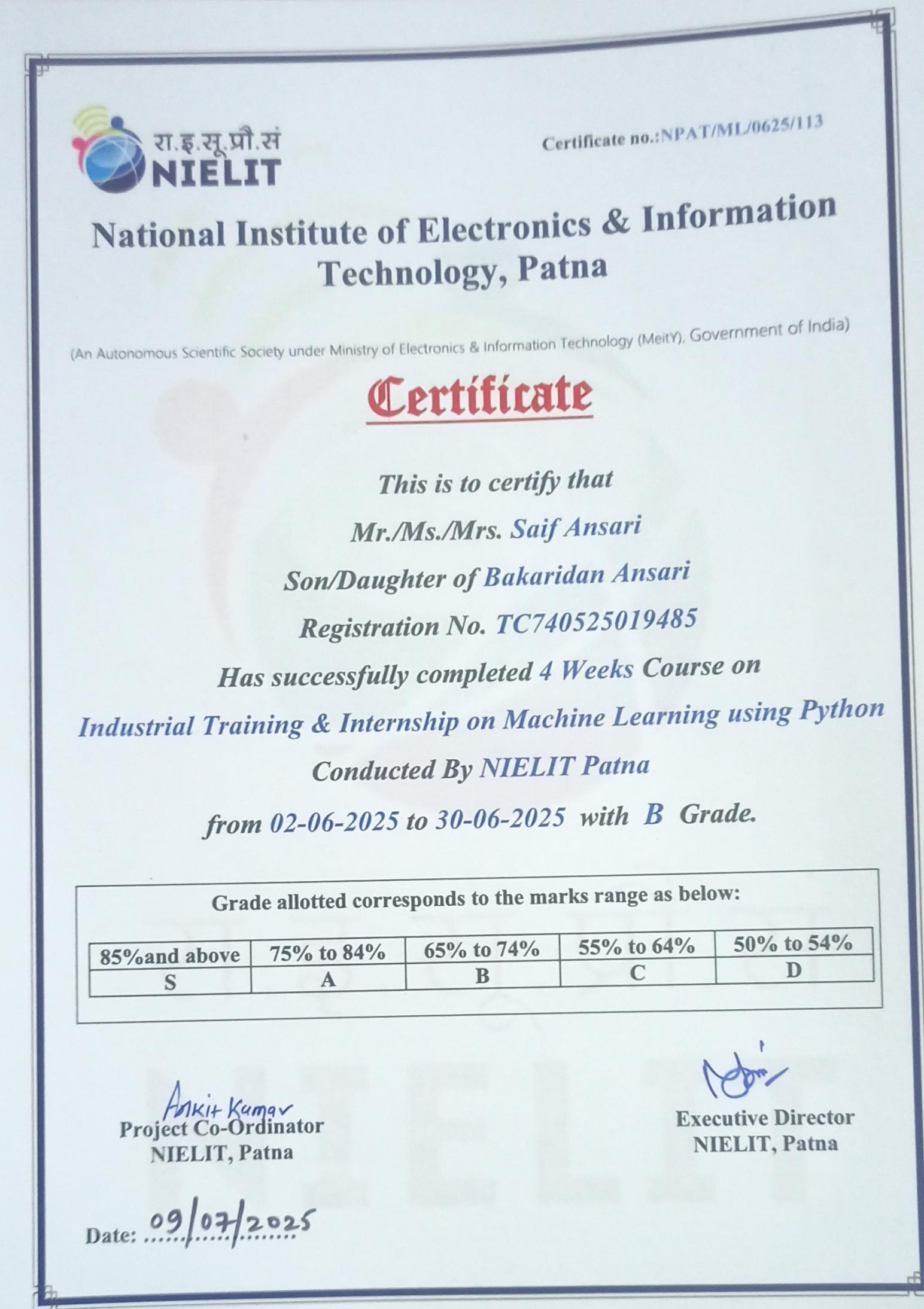 Machine Learning Internship Certificate