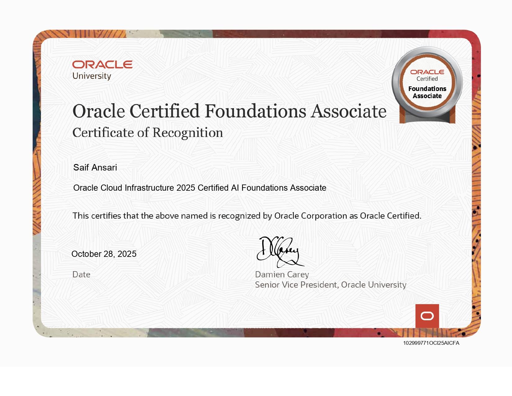 Oracle Cloud Infrastructure 2025 Certified AI Foundations Associate